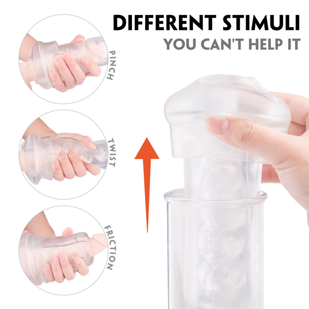 Product with text 'Different Stimuli You Can't Help It' and hand interactions on a white background
