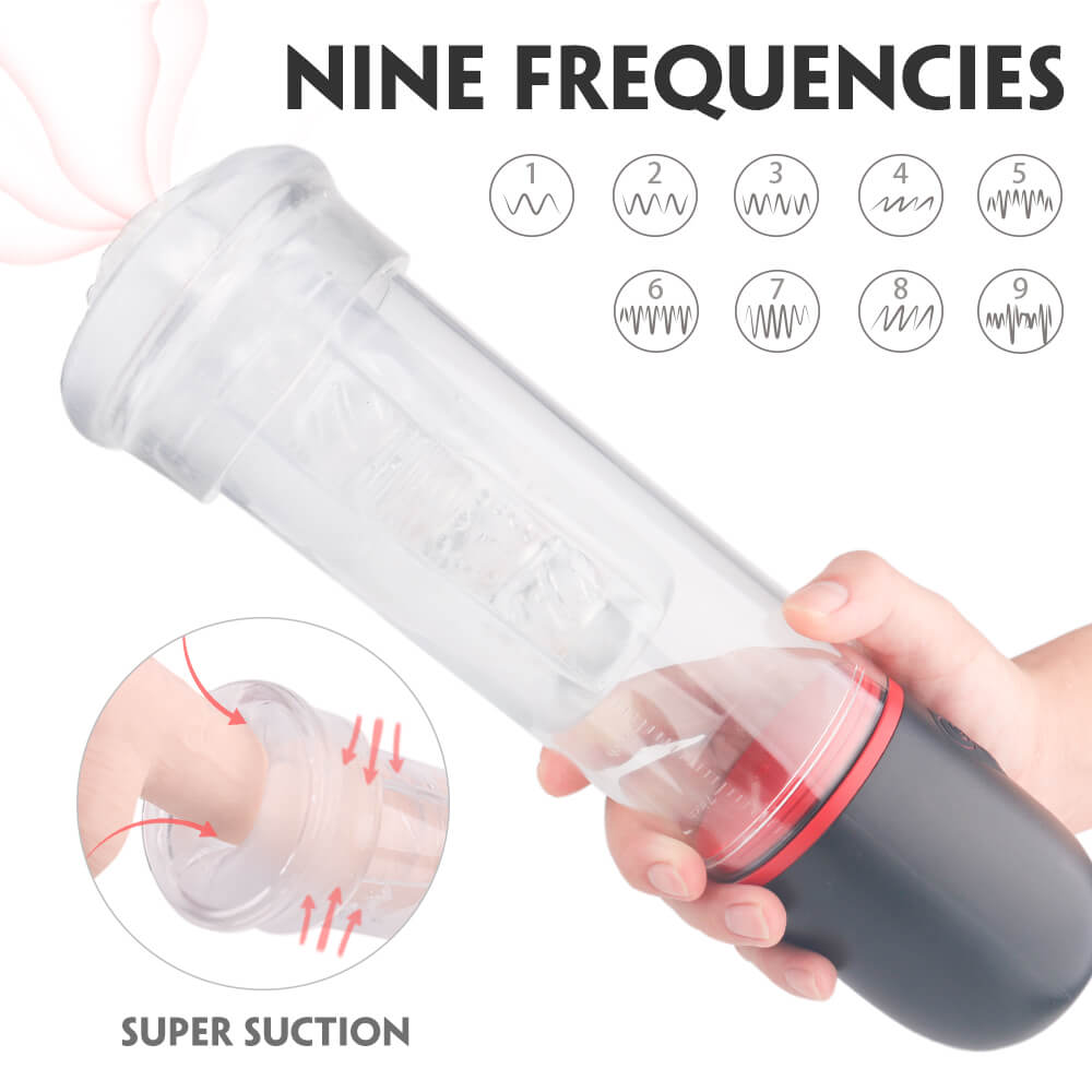 Handheld device with 'Nine Frequencies' and 'Super Suction' features on a white background