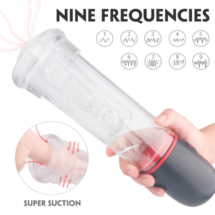 Handheld device with 'Nine Frequencies' and 'Super Suction' features on a white background
