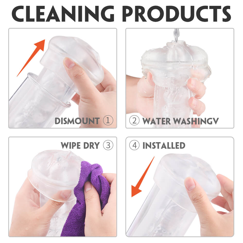 Step-by-step guide on cleaning a product with text labels.