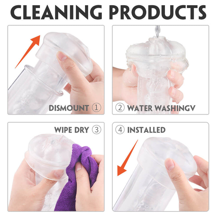 Step-by-step guide on cleaning a product with text labels.