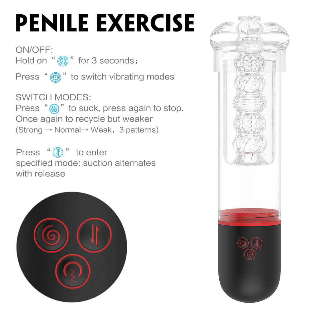 Black and red device with control panel on a white background, labeled 'Penile Exercise'.