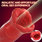 Blaze - Automatic Vibrating Penis Trainer with a realistic design on a red background, accompanied by text about an oral sex experience.