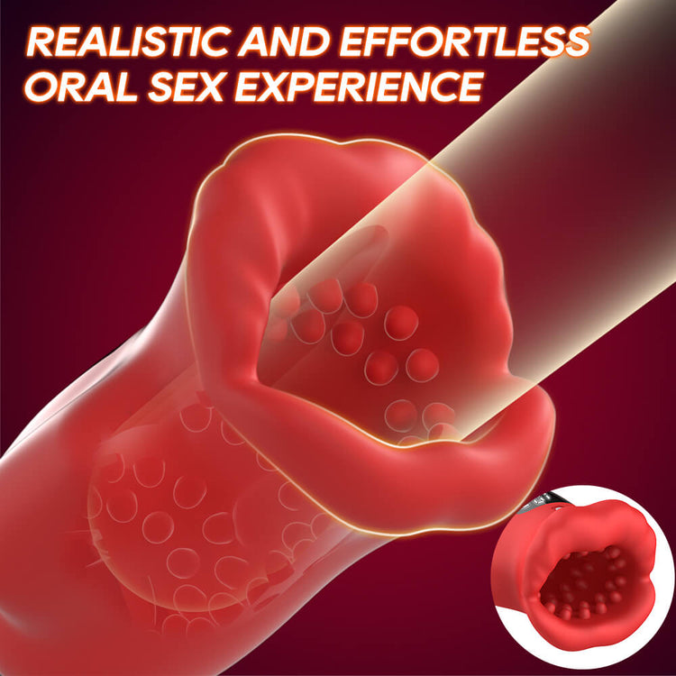 Blaze - Automatic Vibrating Penis Trainer with a realistic design on a red background, accompanied by text about an oral sex experience.