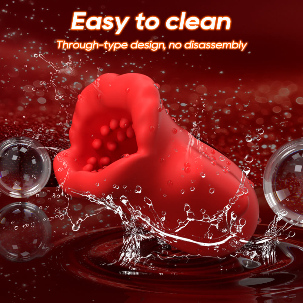 Blaze - Automatic Vibrating Penis Trainer with water droplets and bubbles on a red background, emphasizing ease of cleaning.