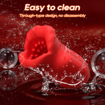 Blaze - Automatic Vibrating Penis Trainer with water droplets and bubbles on a red background, emphasizing ease of cleaning.