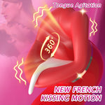 Illustration of a tongue with '360°' text on a pink background, labeled 'Tongue Agitation New French Kissing Motion'.
