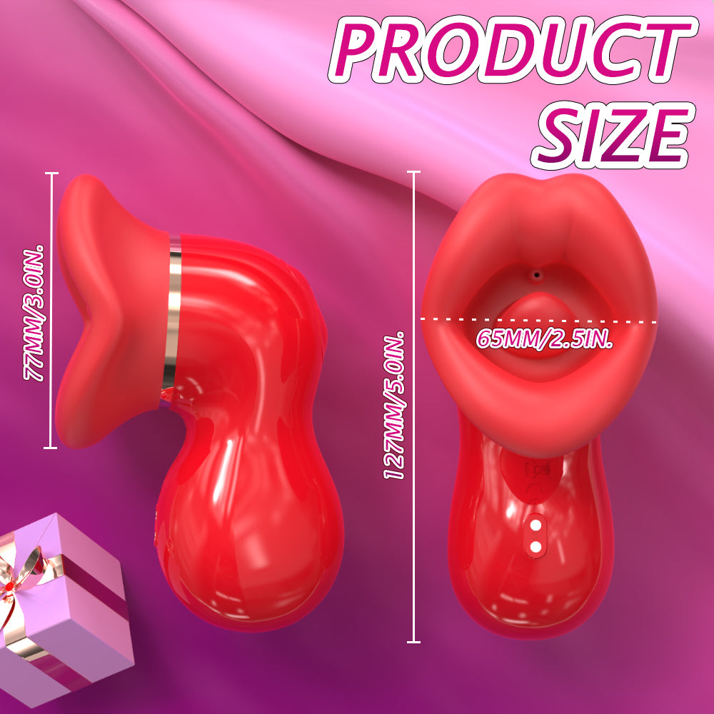 Red product shaped like lips with measurements on a pink background