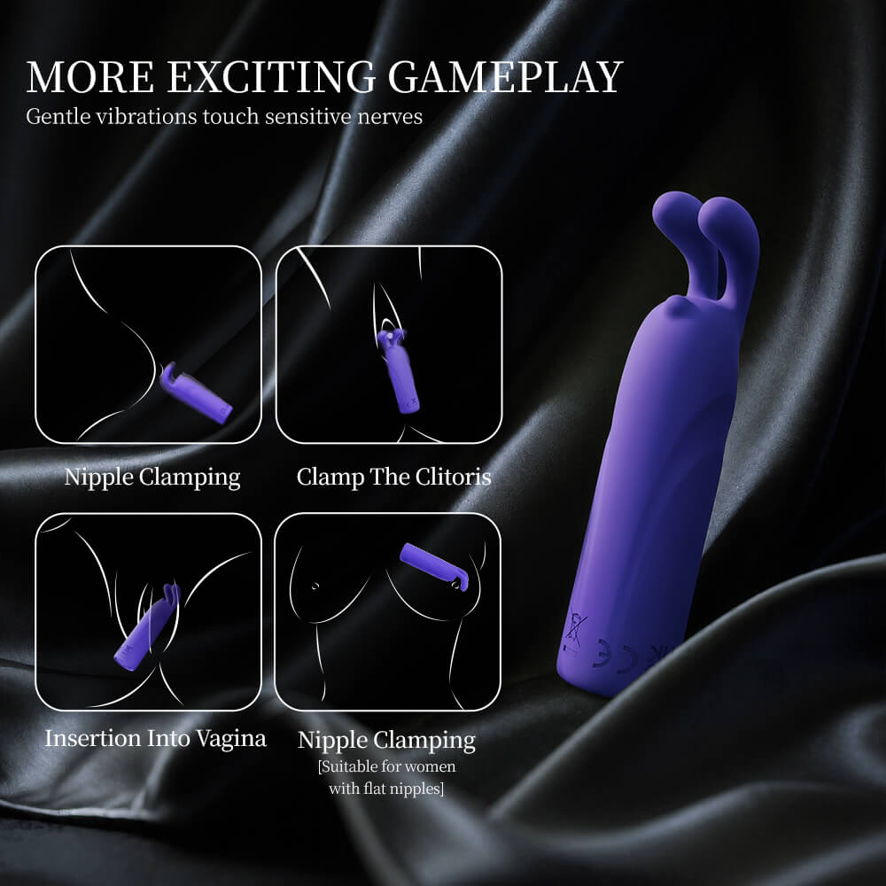 Bunny - Rabbit Bullet Vibrator with 10 Vibration Modes with usage instructions on a dark fabric background