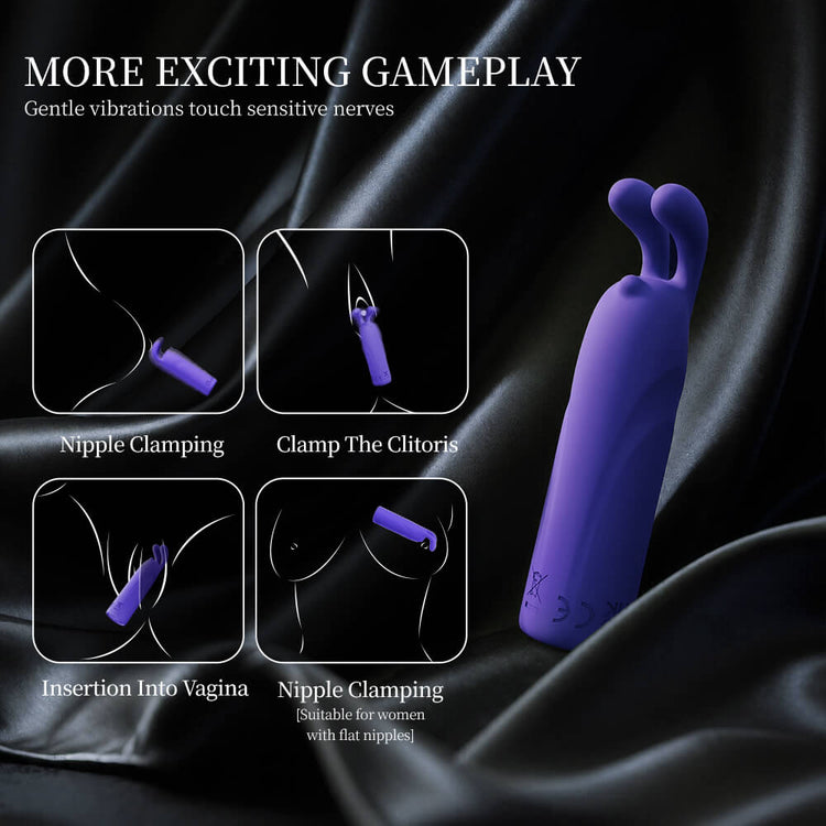 Bunny - Rabbit Bullet Vibrator with 10 Vibration Modes with usage instructions on a dark fabric background