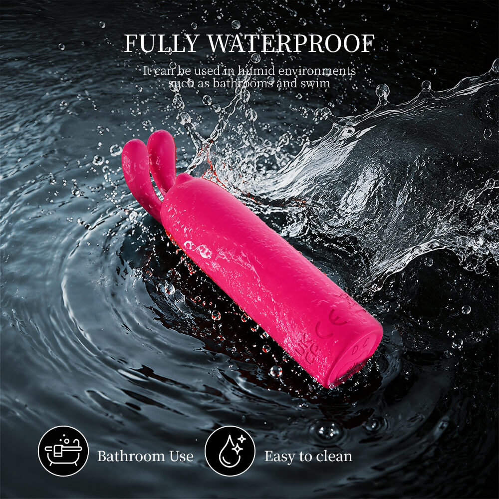 Bunny - Rabbit Bullet Vibrator with 10 Vibration Modes being submerged in water with text about its use and cleaning.
