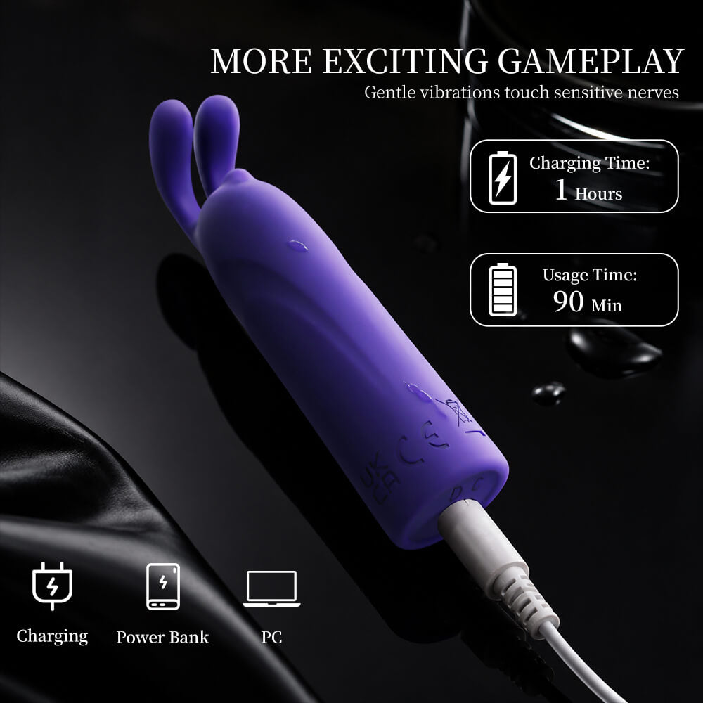 Bunny - Rabbit Bullet Vibrator with 10 Vibration Modes with charging cable on a dark background, featuring text about gameplay and specifications.