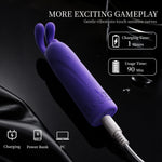 Bunny - Rabbit Bullet Vibrator with 10 Vibration Modes with charging cable on a dark background, featuring text about gameplay and specifications.