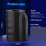 Black cylindrical product with measurements and feature labels on a blue background