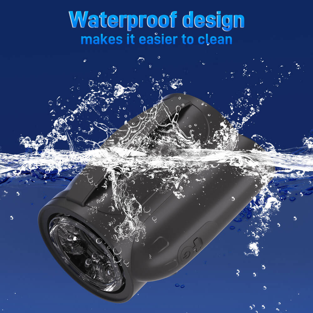 Black waterproof device with water splashing around it on a blue background