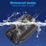Black waterproof device with water splashing around it on a blue background