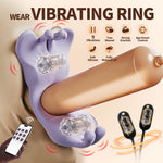 Livia - App-Controlled Vibrating Cock Ring with 9 Vibration Modes with remote control on a beige background