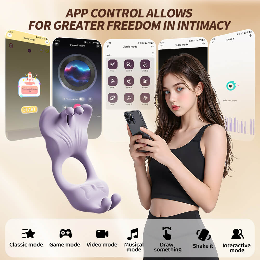 Woman holding a smartphone with app controls displayed on screens, featuring a purple device.