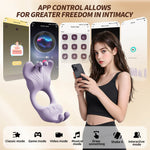 Woman holding a smartphone with app controls displayed on screens, featuring a purple device.