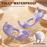 Livia - App-Controlled Vibrating Cock Ring with 9 Vibration Modes with mermaid design partially submerged in water, labeled 'fully waterproof' and 'DC pin charging'.