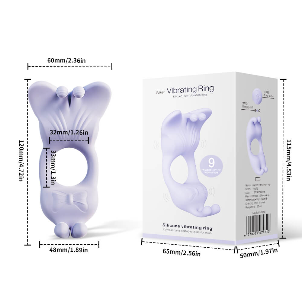 Livia - App-Controlled Vibrating Cock Ring with 9 Vibration Modes with dimensions and packaging on a white background