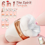 Luxe – 6-in-1 App-Controlled Tongue Licking & Sucking Vibrator with app control on a pink background, labeled '6 in 1 The Spirit Tongue'.