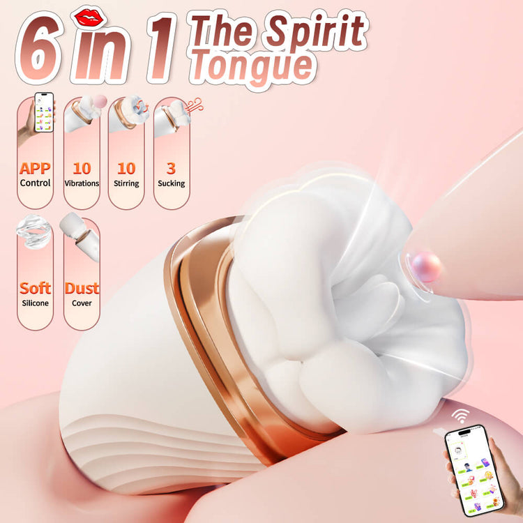 Luxe – 6-in-1 App-Controlled Tongue Licking & Sucking Vibrator with app control on a pink background, labeled '6 in 1 The Spirit Tongue'.