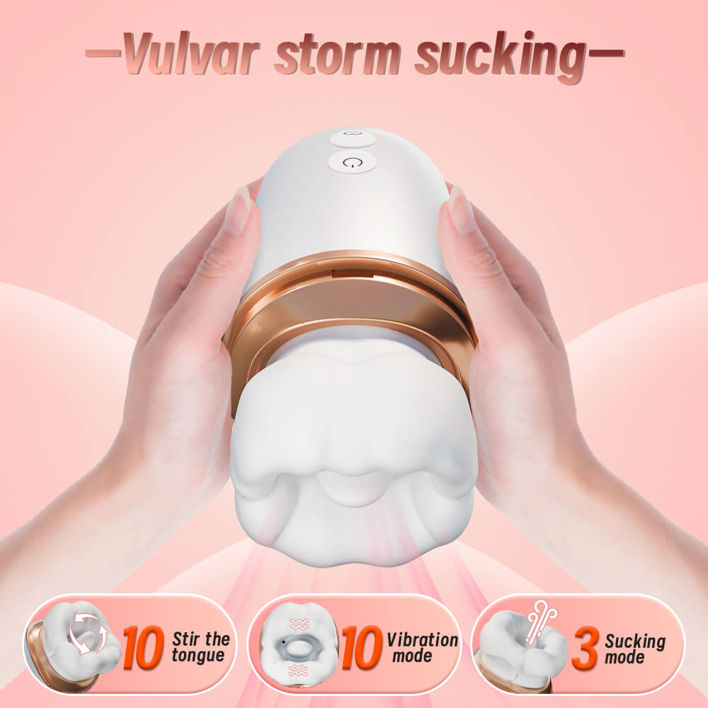 Luxe – 6-in-1 App-Controlled Tongue Licking & Sucking Vibrator with text 'Vulvar storm sucking' on a pink background