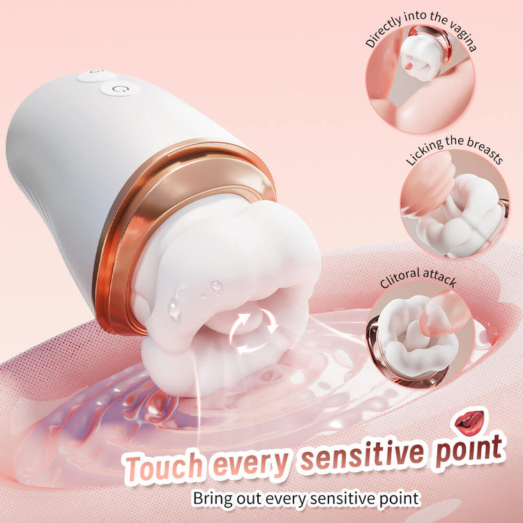 Luxe – 6-in-1 App-Controlled Tongue Licking & Sucking Vibrator with close-up illustrations on a pink background