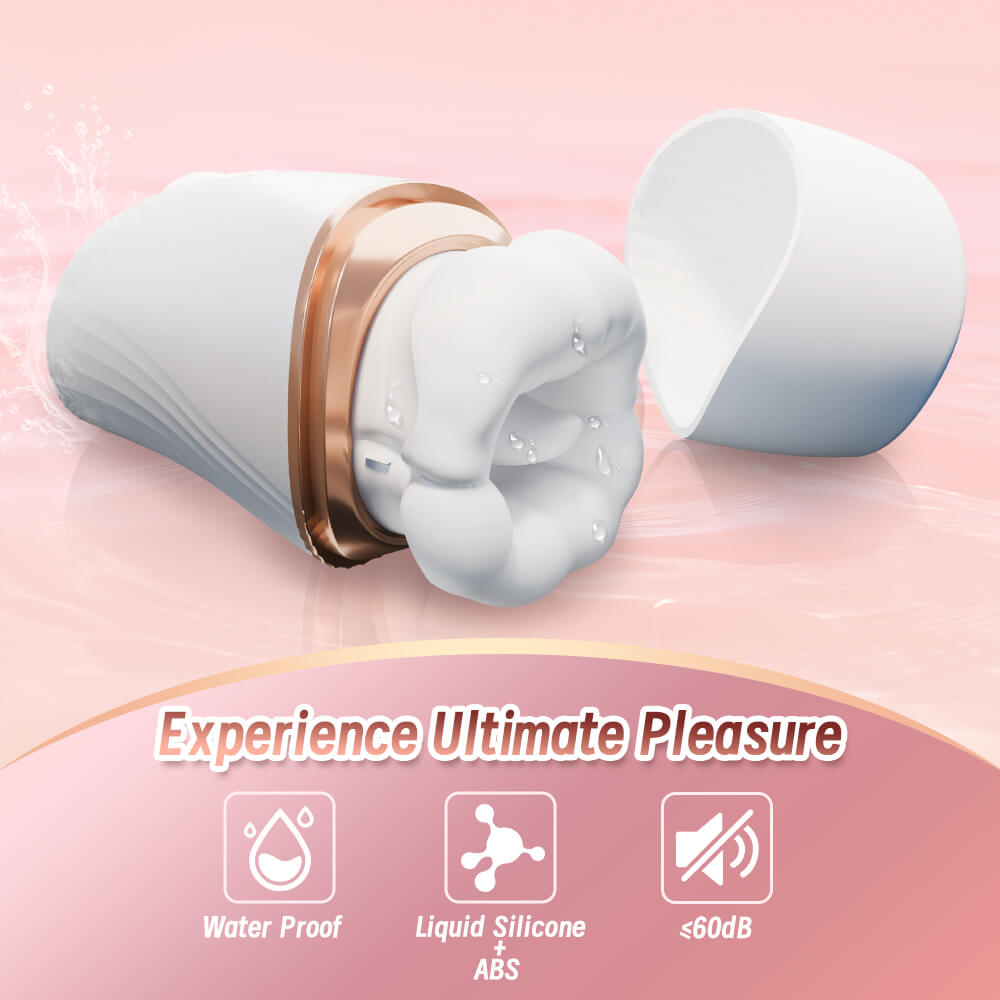 Luxe – 6-in-1 App-Controlled Tongue Licking & Sucking Vibrator on a pink background, featuring text 'Experience Ultimate Pleasure' and icons for waterproof, liquid silicone, and ABS.