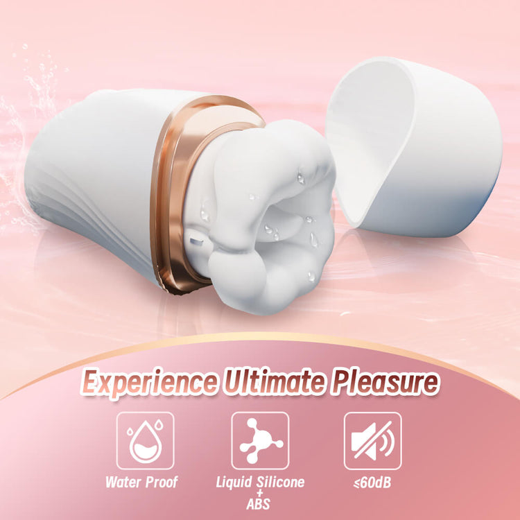 Luxe – 6-in-1 App-Controlled Tongue Licking & Sucking Vibrator on a pink background, featuring text 'Experience Ultimate Pleasure' and icons for waterproof, liquid silicone, and ABS.