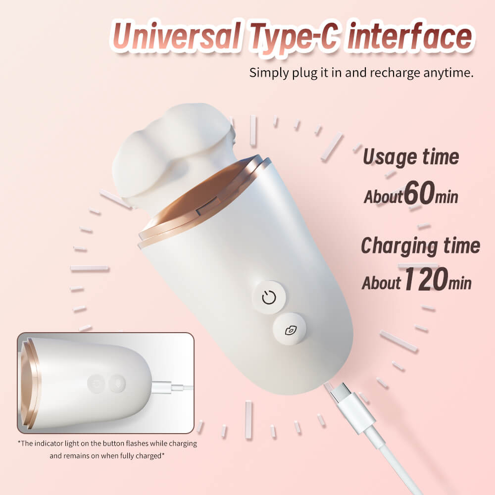 Luxe – 6-in-1 App-Controlled Tongue Licking & Sucking Vibrator with charging cable on a pink background, featuring text about universal Type-C interface.