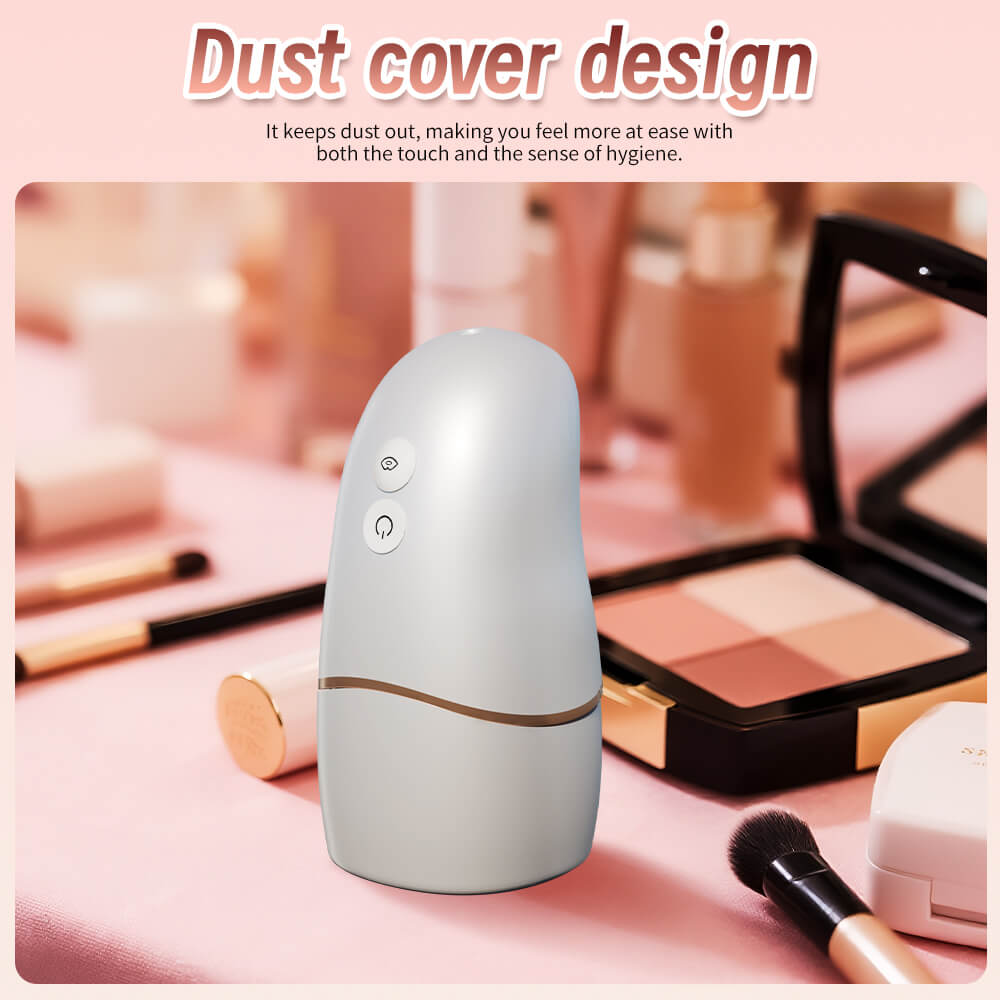 Luxe – 6-in-1 App-Controlled Tongue Licking & Sucking Vibrator on a pink surface with makeup items, text about dust cover design.