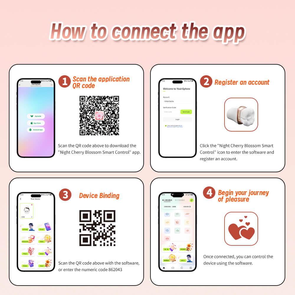 Step-by-step guide on how to connect an app with QR code scanning and account registration.