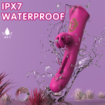 Pink waterproof device with water splashes on a purple background, featuring IPX7 certification.