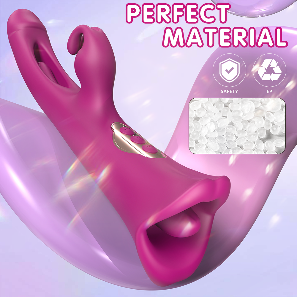Pink and purple device with 'Perfect Material' text and safety/recycling icons on a light purple background.