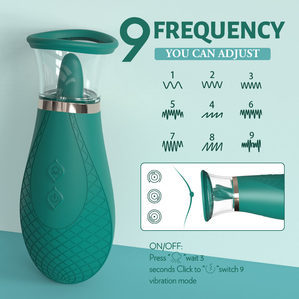 Teal electronic device with frequency adjustment options on a light blue background