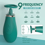 Teal electronic device with frequency adjustment options on a light blue background