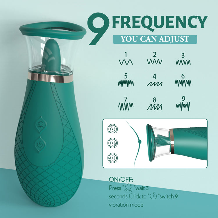 Teal electronic device with frequency adjustment options on a light blue background