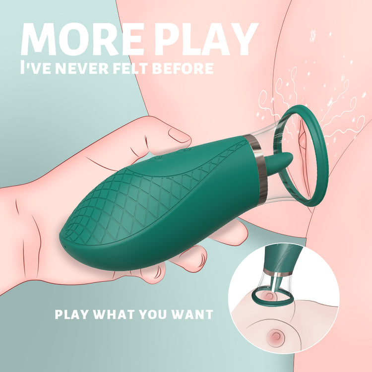 Illustration of a hand holding a green device with text about play and sensation.