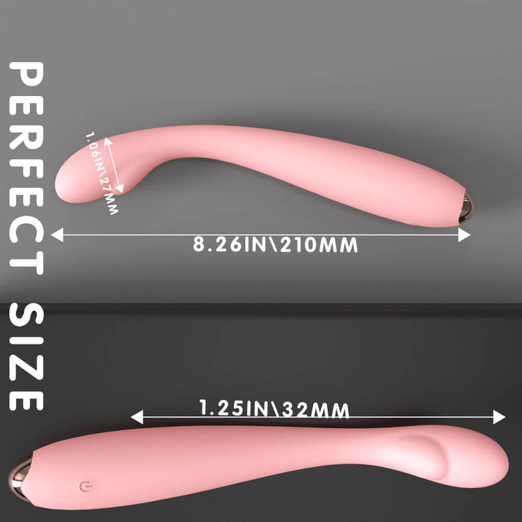 Measurement chart showing dimensions of Precise G-Spot Vibrator on a gray background
