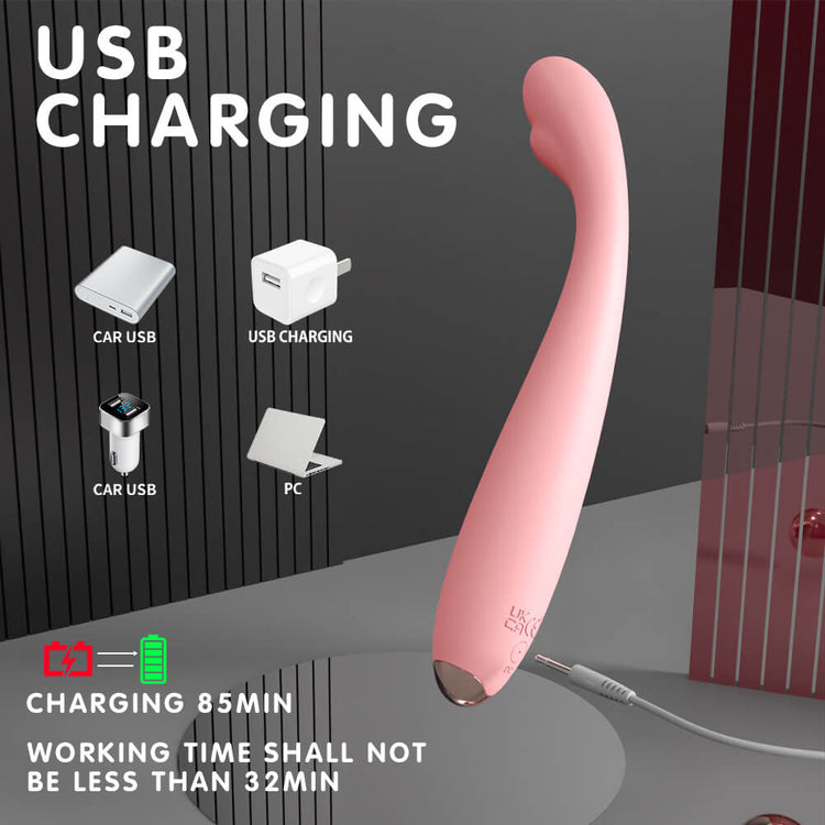 Precise G-Spot Vibrator with charging options and time information on a gray background