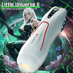 Titan – Automatic Telescopic Vibrating Male Masturbator with red accents on a futuristic cityscape background, featuring the text 'Little Universe II'.