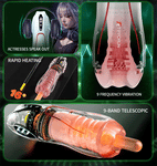 Titan – Automatic Telescopic Vibrating Male Masturbator with features like 'Actresses Speak Out', 'Rapid Heating', '9 Frequency Vibration', and '9-Band Telescopic' on a green background.