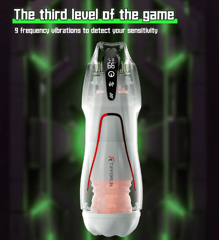 Titan – Automatic Telescopic Vibrating Male Masturbator with digital display on a dark background