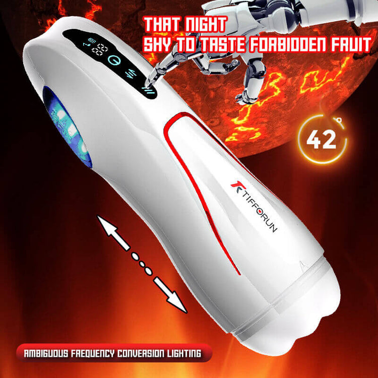 Titan – Automatic Telescopic Vibrating Male Masturbator with red accents on a fiery background, featuring text and graphics.
