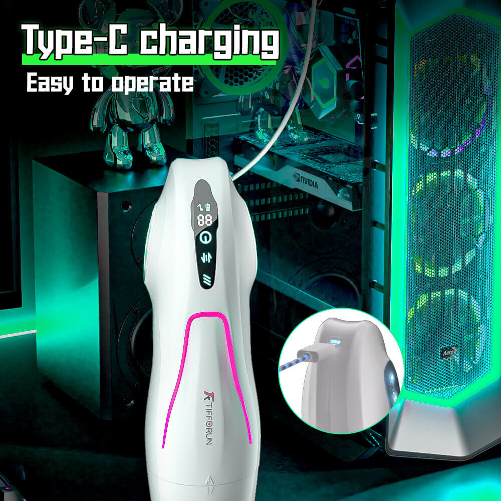 Titan – Automatic Telescopic Vibrating Male Masturbator with pink accents on a computer setup background, highlighting Type-C charging feature.