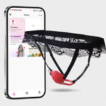 Wearable Vibrating Panties with red clitoral stimulator next to a smartphone displaying an app interface.