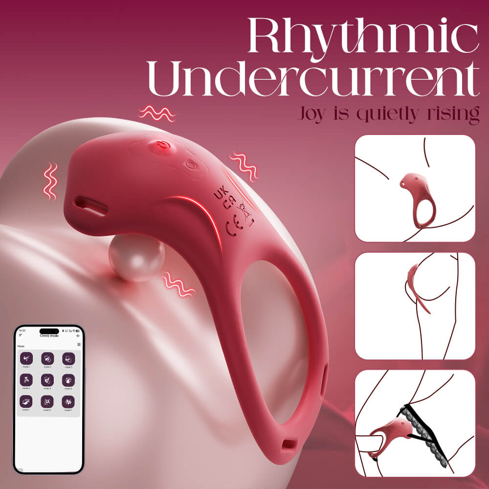 Wearable Vibrating Panties with smartphone app interface on a pink background, labeled 'Rhythmic Undercurrent'.