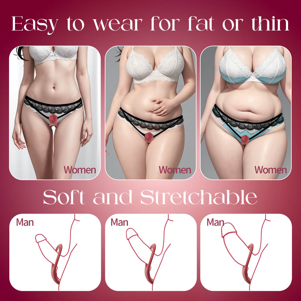 Lingerie set with text 'Easy to wear for fat or thin' and 'Soft and Stretchable' on a pink background.